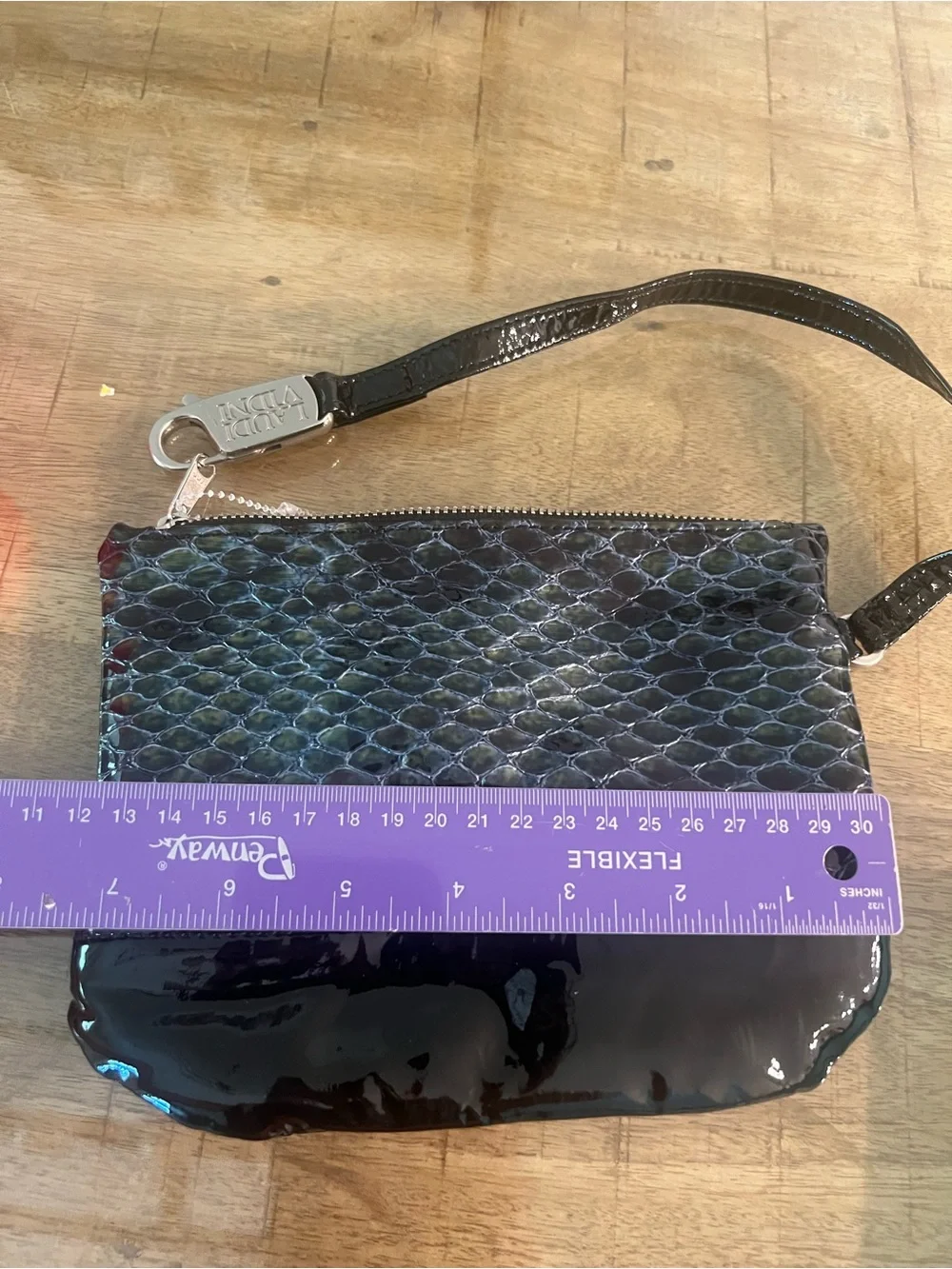 Custom wristlet purse by Laudi Vidni, Black Patent & Iridescent Snake-Print